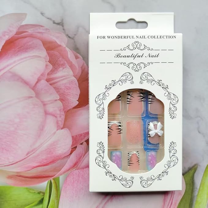 24Pcs Rhinestones Press on Nails Short Square Fake Nails with 3D Silver Butterfly Design Colorful Rhinestones Glue on Nails Cute Bow False Nails French Tip Press ons Stick on Nails for Women Girls