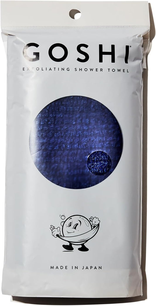 GOSHI Exfoliating Shower Towel - Rip-Resistant Exfoliating Washcloth for All Skin Types - Indigo Blue - Made in Japan