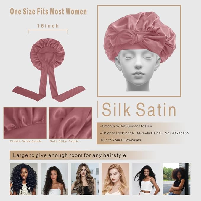 Silk Bonnet for Sleeping Women，hair bonnet for sleeping Silk Night Cap for Curly/Natural Hair Skin pink,Large