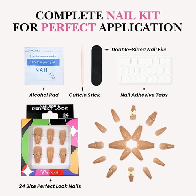 Perfect Look Press On Nails - Bridal Bliss | No Glue One-Day Long Coffin Nails, Nude Beige Nails with Crystal French Trim - 24 Pcs Nail Kit with Adhesive Tabs
