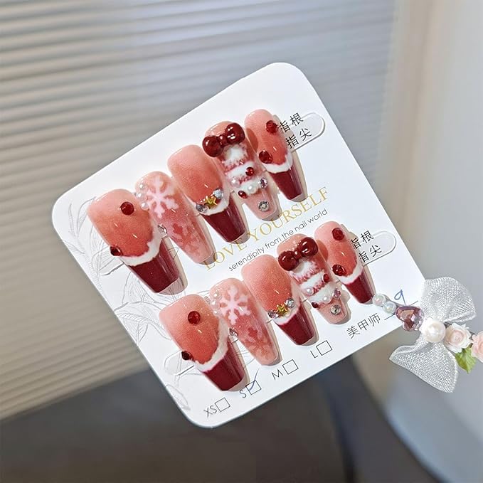 10Pcs Christmas Press on Nails Long Coffin French Tip Fake Nails with Red Bow Rhinestones Design Winter Snowflake False Nails Reusable Glossy Full Cover Acrylic Nails Handmade Stick on Nail for Women