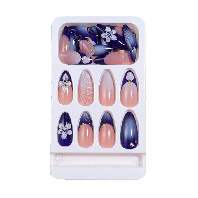 24Pcs Blue Flower Press on Nails Medium Almond French Tip Fake Nails with 3D Glue Dripping Crafts Blue Petals Designs Nude Stick on Nails Glossy False Nails Full Cover Artificial Nails for Women