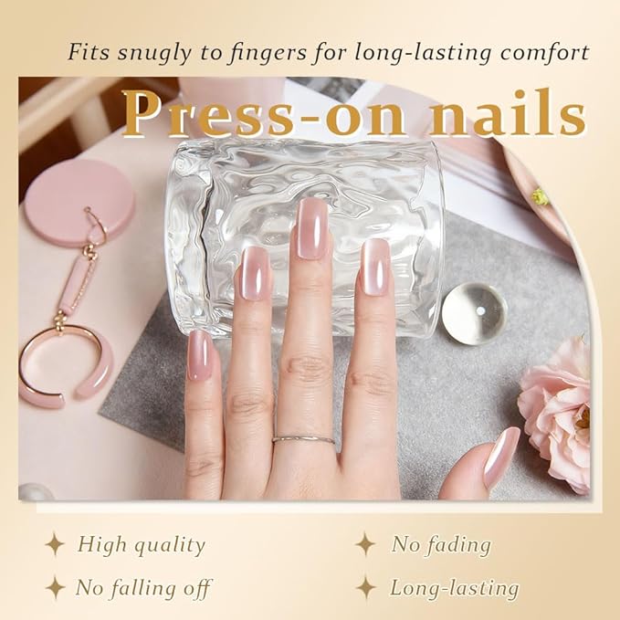Nude Cat Eye Press on Nails Medium Square, Medium Square Press Glue on Nails Chrome for Women Gift, Nude Holographic Glitter Glossy Reusable Soft Gel Acrylic Fake Nail with Designs Cateye Effect