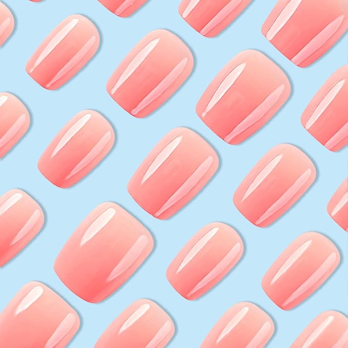 Cute Pink Ombre Press on Nails Short Coffin Fake Nails Smiple Gloosy Acrylic Nails Press ons Pink Gradient Glue Stick on Nails for Women Girls 30 Cps