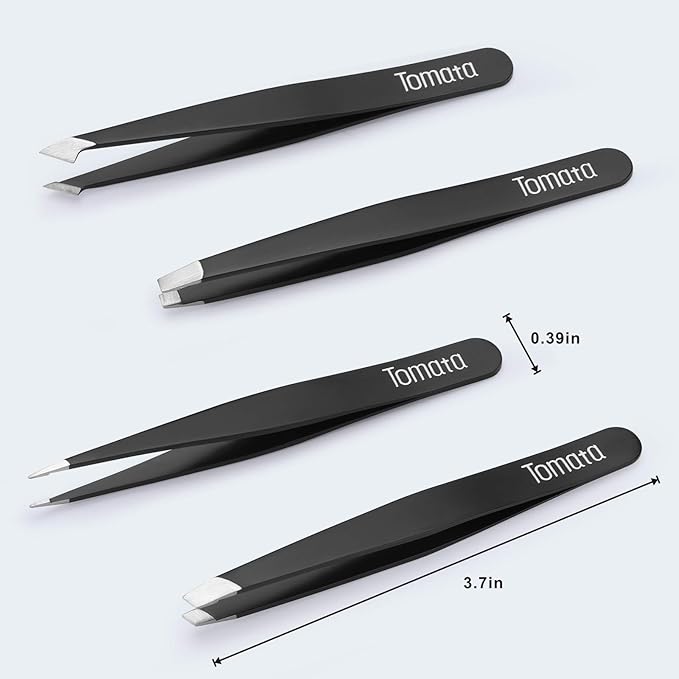 Tweezers for Eyebrows, 4-piece Slant Tip and Pointed Eyebrow Tweezer Set Great Precision for Eyebrows Facial Hair, Ingrown Hair, Splinter, Blackhead and Tick Remover (Black)