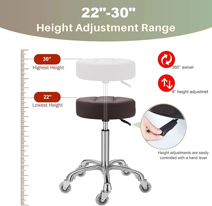 Kaleurrier Adjustable Rolling Stool for Salon: Heavy Duty Swivel Chair with Wheels for Hairdresser Esthetician Lash Tech - Spa Home Office Kitchen Dental Tattoo Shop Use - Seat Height 22”-30” - Brown