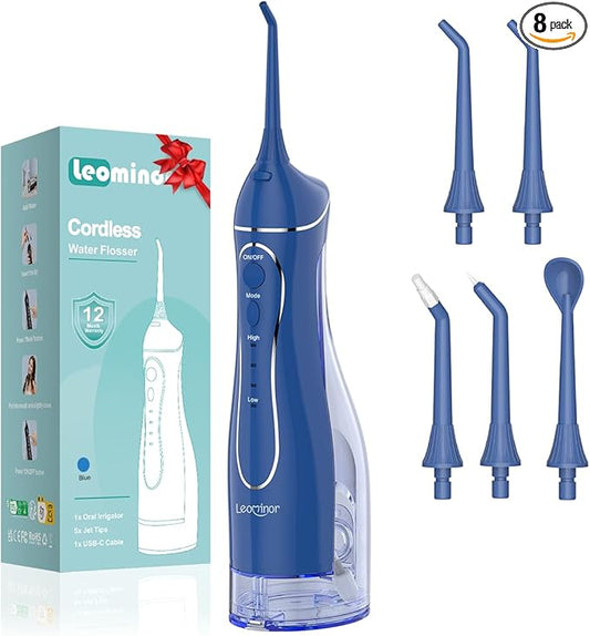 Leominor Water Dental Flosser Pick for Teeth, 300ML Portable Oral Irrigator Upgraded Tank Removable,IPX7 Waterproof, Rechargeable Travel Teeth Cleaner, Professional Electric Flossing(Dark Blue)