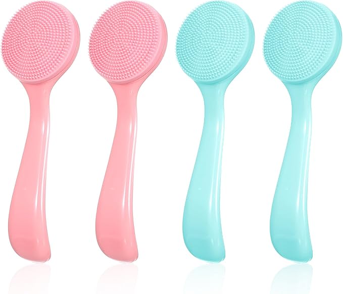 4 Pack Silicone Manual Facial Cleansing Brush, Skin Friendly Waterproof Face Cleaning Scrubber Exfoliator Brush for Blackheads Whiteheads Makeup Residues Removal (Blue, Pink)