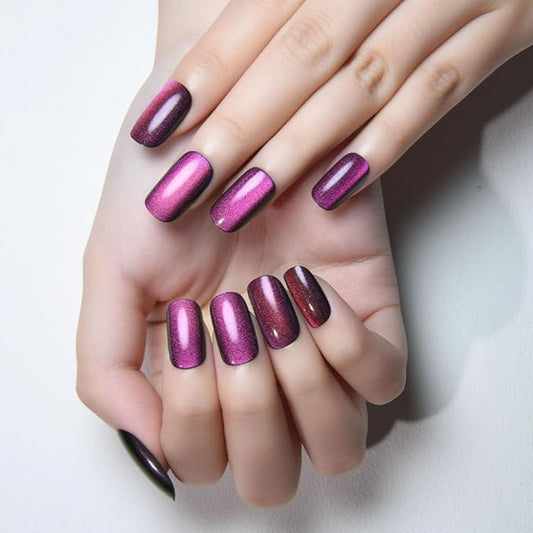 Cat Eye Dark Purple Press On Nails Medium Long Length Square, Designer Reusable Acrylic Fake Nail with Glue, Glossy Gel Nails Wedding Party, Stick On Glue On Nail, Nails Press Ons for Women