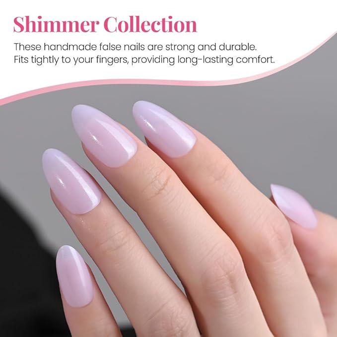 evpct Press on Nails Almond Short, Light Violet Glitter Shimmer Shiny Short Almond Fake Nails for Women Gift, Soft Gel Press Glue On Nails with Nail Glue, 30Pcs Reusable Acrylic Fake Nail Manicure Kit
