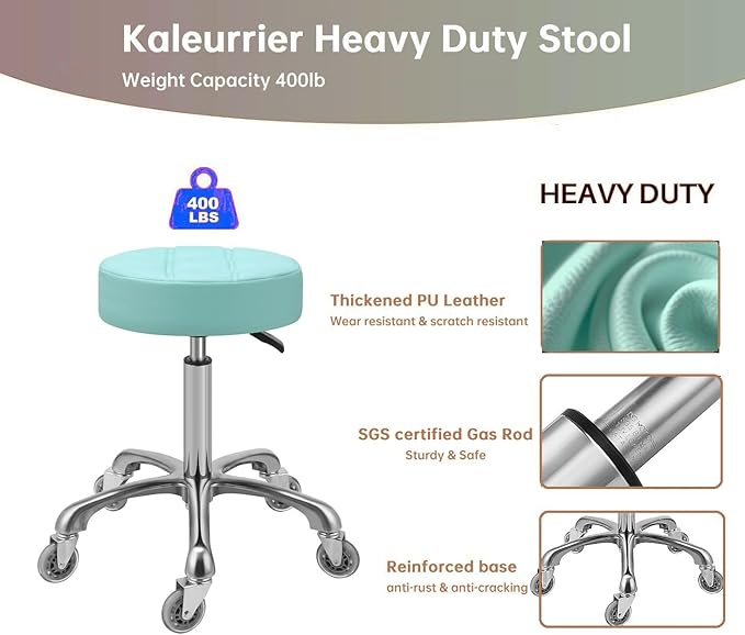 Kaleurrier Adjustable Rolling Stool for Salon: Heavy Duty Swivel Chair with Wheels for Hairdresser Esthetician Dentist - Spa Home Office Kitchen Dental Tattoo Shop Use - Seat Height 22”-30” - Green