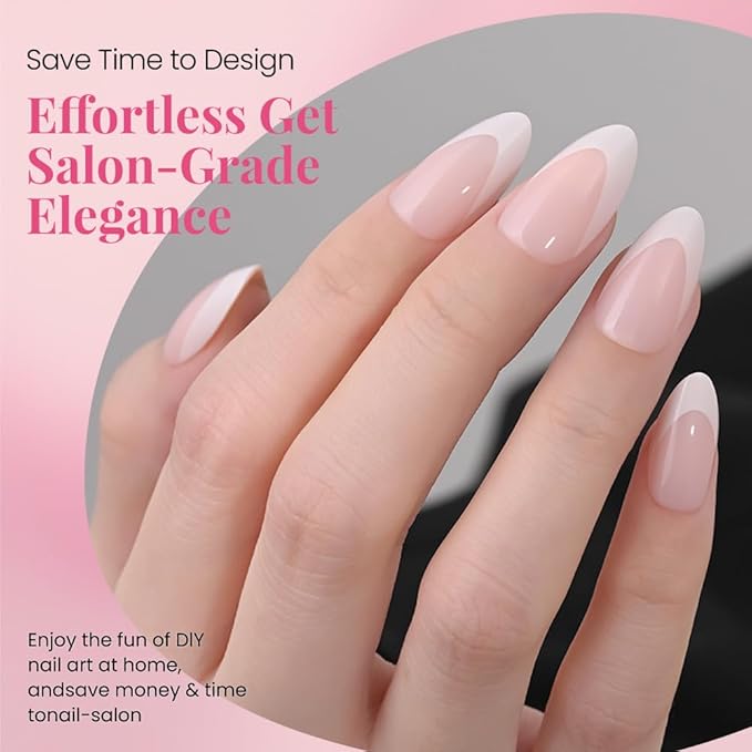 White French Tip Press on Nails Almond, Short Almond Fake Nails, Glossy Gel Finish Acrylic Press On Nails, Natural Glue On Nails, Reusable Stick On Fake Nails for Women, 30Pcs 15 Sizes