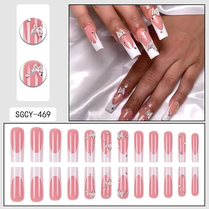Square Press on Nails French Tip Fake Nails Square False Nails White Artificial Nails with Butterfly Designs Stick on Nails for Women 24pcs