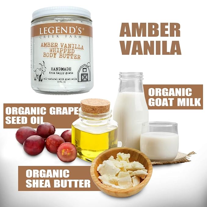 Legend's Creek Farm, Goat Milk Body Butter - Hydrating Natural Body Moisturizer with Organic Shea Butter & Grape Seed Oil - 8 Oz Purifying & Toning Whipped Body Butter (Amber Vanilla)