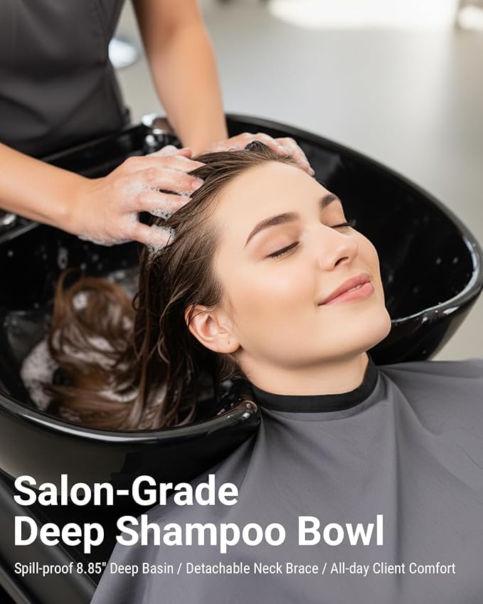 Shampoo Bowl and Chair Set for Salon, ABS Plastic Hair Washing Sink Unit for Hair Stylist, Backwash Barber Sink with Side Store Compartment for Spa Beauty, Black