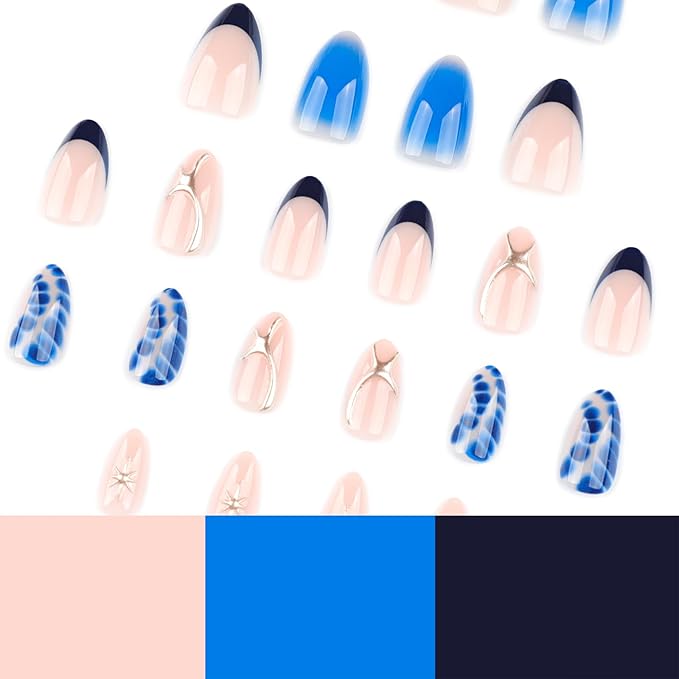 Blue Press On Nails Almond Shape 24pcs, Gradient Ombre False Nail with Star Design, 3D Pattern Medium Length Fake Nails, Glossy Stick On Nail Reusable Acrylic Glue On Nails Kit for Women