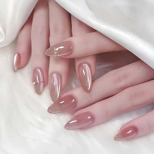 Press on Nails Almond Short Fake Nails Reusable Glossy Acrylic Nails Pink with Drill Design Glue on Nails Full Cover Artificial Stick on Nails for Women 24 Pcs