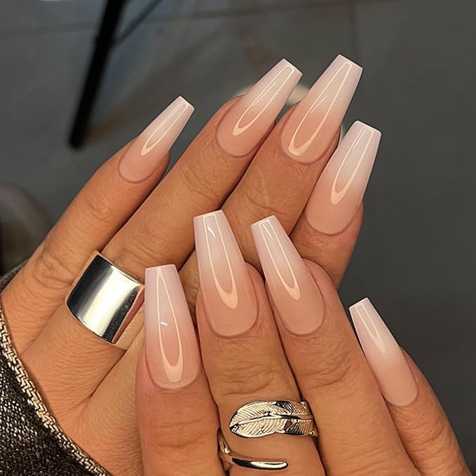 Yivaiks Nude Press on Nails Medium Length Coffin False Nails Press ons Fake Nails with Glue on Nails Full Cover Acrylic Nails for Women Artificial Nails Kit 24pcs