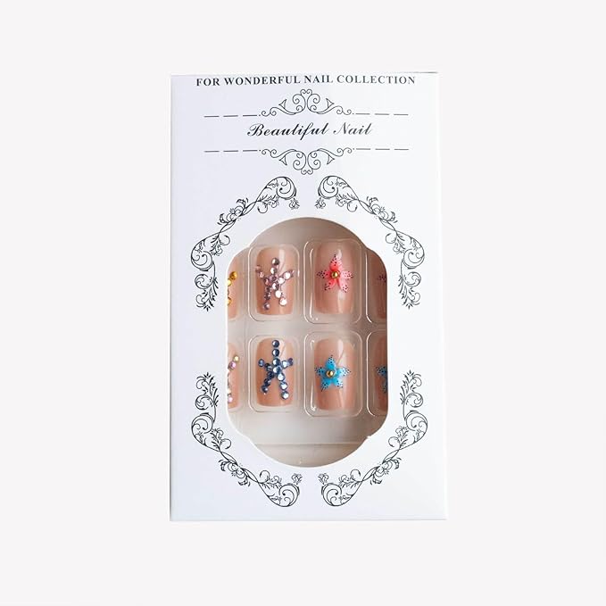 Summer Starfish Designs 24 Pcs Medium Square Acrylic False Nails with Full Coverage and Glossy Finish