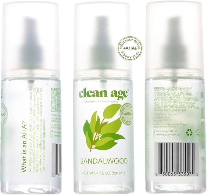 Clean Age- Aluminum Free Deodorant & Body Spray for Whole Body- Sandalwood 4oz- Clean Deodorant and Body Spray for Teen Boys and Girls-With AHA Fights Body Acne-Formula Specific Body Spray for Teens