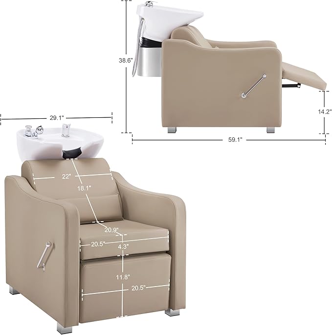 BarberPub Backwash Shampoo Station Chair, Adjustable Porcelain Ceramic Hair Wash Bowl with Chair, Shampoo Station for Barber Shop, Spa Beauty Salon Equipment 9364 (Creamy White)