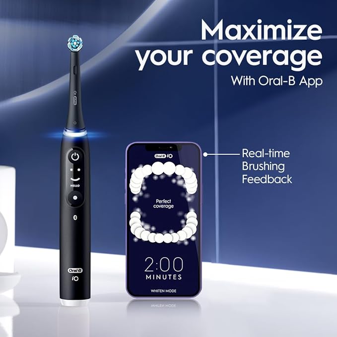 Oral-B iO Series 6 Rechargeable Electric Toothbrush with Visible Pressure Sensor to Protect Gums, 2 Minute Timer, 5 Cleaning Settings, 1 Replacement Toothbrush Head, and Travel Case, Black