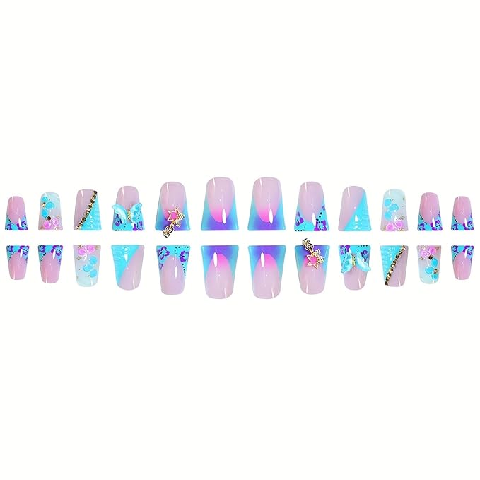 Duck Press on Nails Medium Fake Nails with 3D Flower Butterfly Star Rhinestones DesignsGradient French Tip Nails Press ons Glossy Glue on Nails for Women 24Pcs