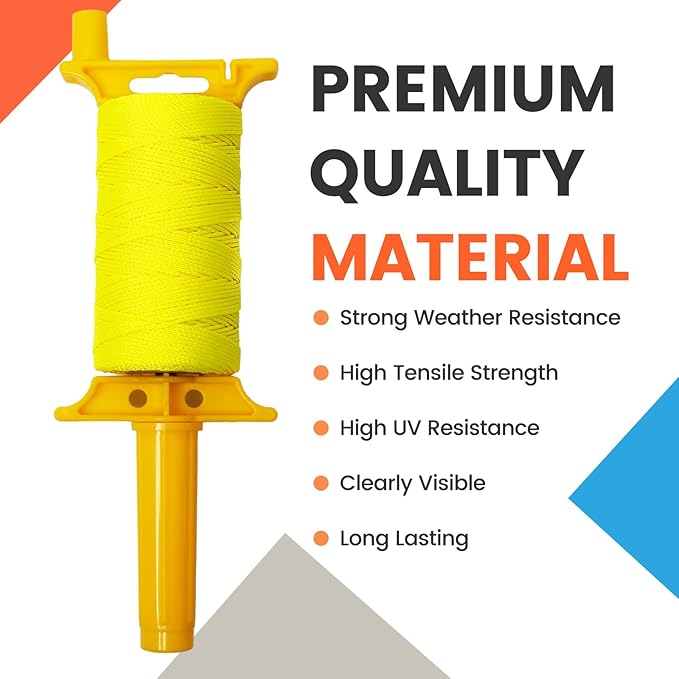 250FT Mason Line w/Reloadable Line Reel, 18# Braided Twine String for Masonry Job, Level Lines in Construction, Gardening, Fluorescent Yellow