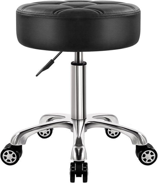 Heavy Duty Rolling Stool with Wheels Hydraulic Lift 360 Swivel Adjustable Rolling Stool Thick Leather Ergonomic Seat Stool Chair for Kitchen Drafting Lab Office Salon Message Stool Black