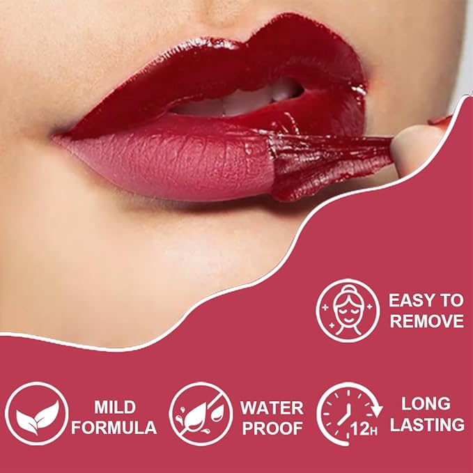 Peel Off Lip Liner Stains and Lip Oil for Women, Long Lasting Waterproof Matte Lip Tint Stains with Tweezer Kit, Transfer Proof, Easy to Use, Peel Off Liquid Lipstick for All Skin Types, #3 Red Brown