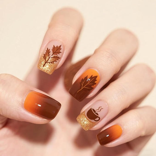 Fall Ombre Press on Nails Medium Square Gold Glitter Acrylic Fake Nails Thanksgiving Maple Leaf False Nails Autumn Coffee Stick on Nail Glossy Brown Gradient Gel Glue on Nail for Women 24Pcs
