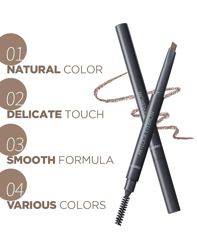 THESAEM Artlook Eyebrow Definer Pencil with Spoolie Brush 02 Deep Brown – Long Lasting Eyebrow for Soft Textured Eyebrow Makeup with Vitamin E - Triangular Pencil