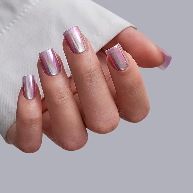 BTArtbox Press On Nails Short - Chrome Cat Eye Square Press On Nails with Glue for Women, Opaque Soft Gel Glue On Nails in 16 Sizes - 32 Stick On Nails Kit, Glass Ocean