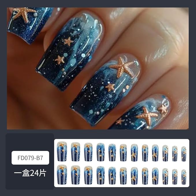 Medium Square Press on Nails Sea Blue Fake Nails 3D Starfish Acrylic Full Cover False Nails with Designs Glossy Glue on Nails Summer Beach Stick on Nails Cute Artificial Nails for Women Girls 24PCS