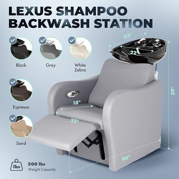 Buy-Rite Lexus Backwash Unit with Tilting Black Porcelain Shampoo Bowl, Extra Wide Foam Padded Seat, Kick-Out Leg Rest & European Style Single Handle Faucet - Gray Salon Shampoo Chair, TS-8018B