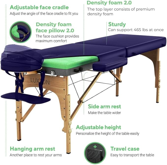 Luxton Home Premium Foam Massage Table Portable Foldable Massage Bed Height Adjustable, 72 Inches Long 27 Inches Wide Home Salon Spa Bed Tattoo Table with Accessories & Carrying Case, Easy Set Up