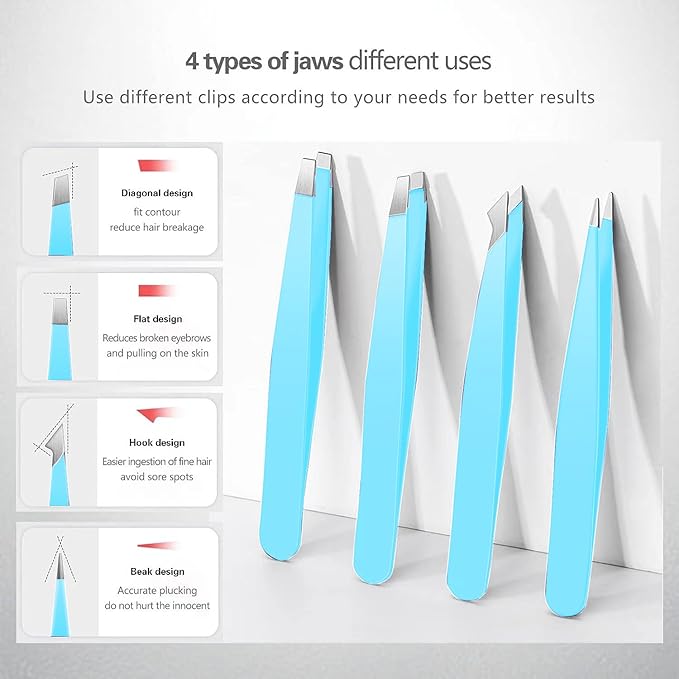 Tweezers Set, High Precision Stainless Steel Eyebrow Tweezers for Facial Hair, Inward Growing Hair and Splinter Remover Kit, Suitable for Women and Men, Pink and Black 4-Piece Set. (Blue)