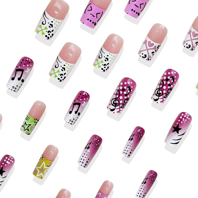 Fall French Tip Press on Nails Long Square False Nails Musical Notes Stars Design Full Cover Glue on Nail Reusable Colorful French Tip Acrylic Fake Nails Artificial Stick on Nail for Women