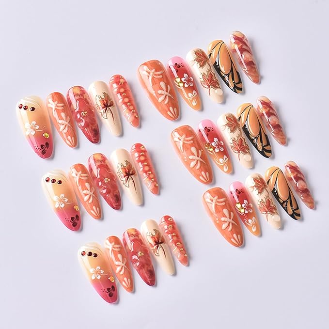 30Pcs Fall Press on Nails Medium Almond Fake Nails Autumn Acrylic Nail with Maple Leaves,Dragonfly,Flower＆Butterfly Design Sparkly Rhinestones Thanksgiving False Nail Reusable Glue on Nails for Women