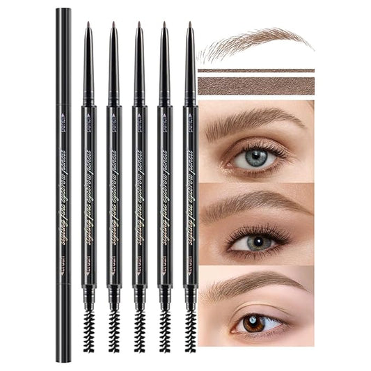 Thin Eyebrow Pencils for Women - 5 Pack Waterproof Micro Dual-Ended Ultra-Fine Tip Brow Pen & Spoolie Brush, Formula for Natural Hair Strokes, Filling, Shaping - Dark Brown