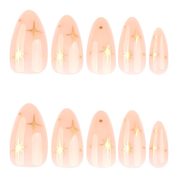Nude Pink Almond Press On Nails Short, cute Fake Nails with Gold Star & Dot Detail, Glossy Gel Finish Acrylic Nails, Reusable Glue On Nail Kit for Women, Trendy Star Design False Nail, 24Pcs