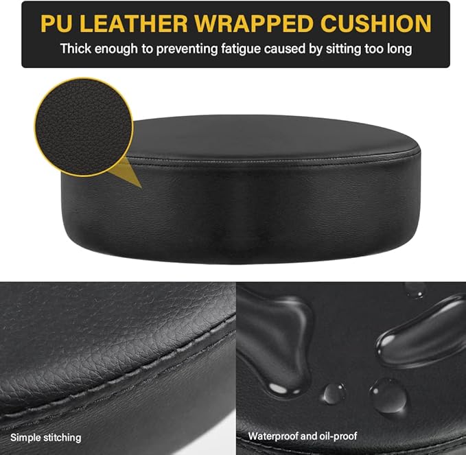 Heavy Duty Rolling Stool with Wheels, 360 Swivel, Adjustable Height, Black, Modern Style, Faux Leather Seat, Aluminum Alloy Base, Kitchen, Garage, Garden, Outdoor, Bar