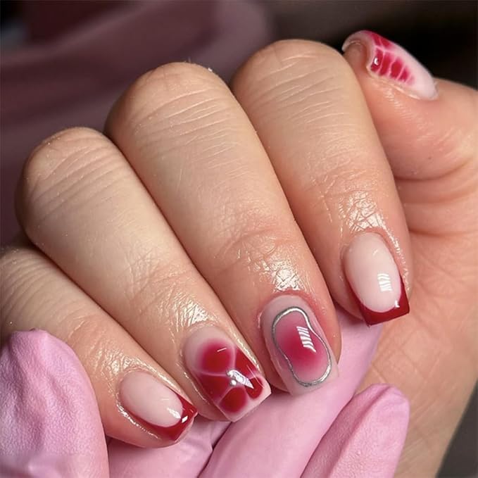 Short Square Press on Nails with Red Flower Designs Of Silver Lines Fake Nails Nude Acrylic Press ons Nails Full Cover Stick on Nails Reusable for Women Manicure Kit 24 Pcs