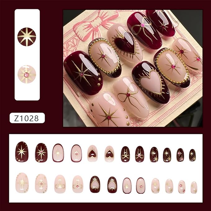 24Pcs Heart Press on Nails Medium Almond Fake Nails with Gilding Bow Star Design Glossy False Nails Nude Stick on Nails Full Cover Artificial Glue on Nails Cute Nail Supplies for Women Reusable DIY