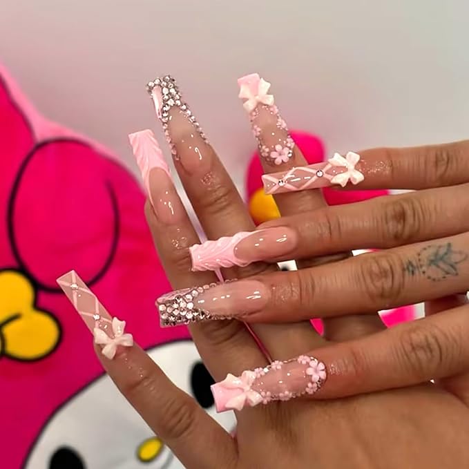 Square Press on Nails Long Fake Nails French Tip False Nails Pink Artificial Nails with Bow Designs Stick on Nails for Women 24pcs