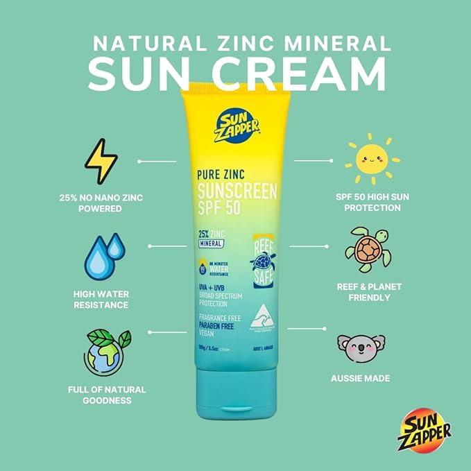 Sun Zapper Pure Zinc Mineral Sunscreen SPF 50, Reef Safe, Broad Spectrum UVA + UVB Protection, 25% Zinc, Water Resistant, Fragrance Free, Paraben Free, No White Cast, Natural Sun Cream - 3.52 Ounce