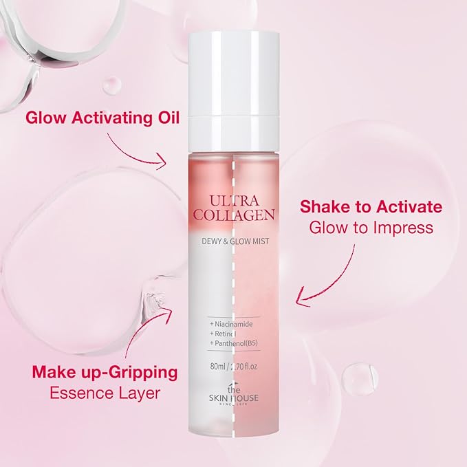 The Skin House Ultra Collagen Dewy & Glow Ampoule Mist I Retinol, Niacineamide, Adenosine| Glowy Collgen Ampoule & Double Layer Mist Spray I Korean Skincare [80ml/ 2.70 fl.oz]