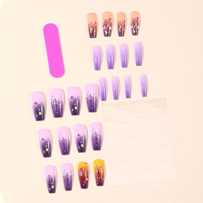 Graffiti Press on Nails French Tip Acrylic Full Cover Fake Nails 24Pcs Glossy Purple Gradient Medium Coffin False Nail Painted Stick on Nail Curve Line Gel Glue on Fingernails for Holiday Manicure Art