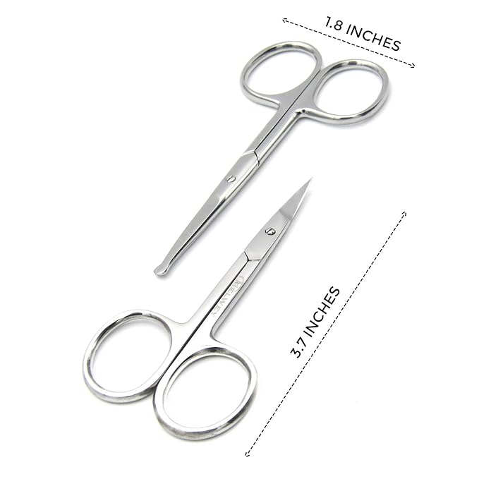 Pack of 2 Curved & Rounded Blunt Tip Stainless Steel Small Scissors for Eyebrows & Eyelashes, Beard Trimming & Moustache, Baby Nails, Nose & Facial Hair