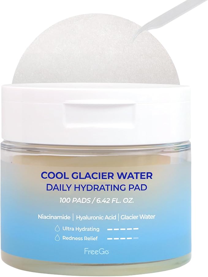 FreeGo Cool Glacier Water Daily Hydrating Pad (100 Pads), K-Beauty Facial Toner Pads for Puffy Dehydrated Skin, Instant Cooling Hydration